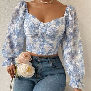 Floral Blue and White Women's Top
